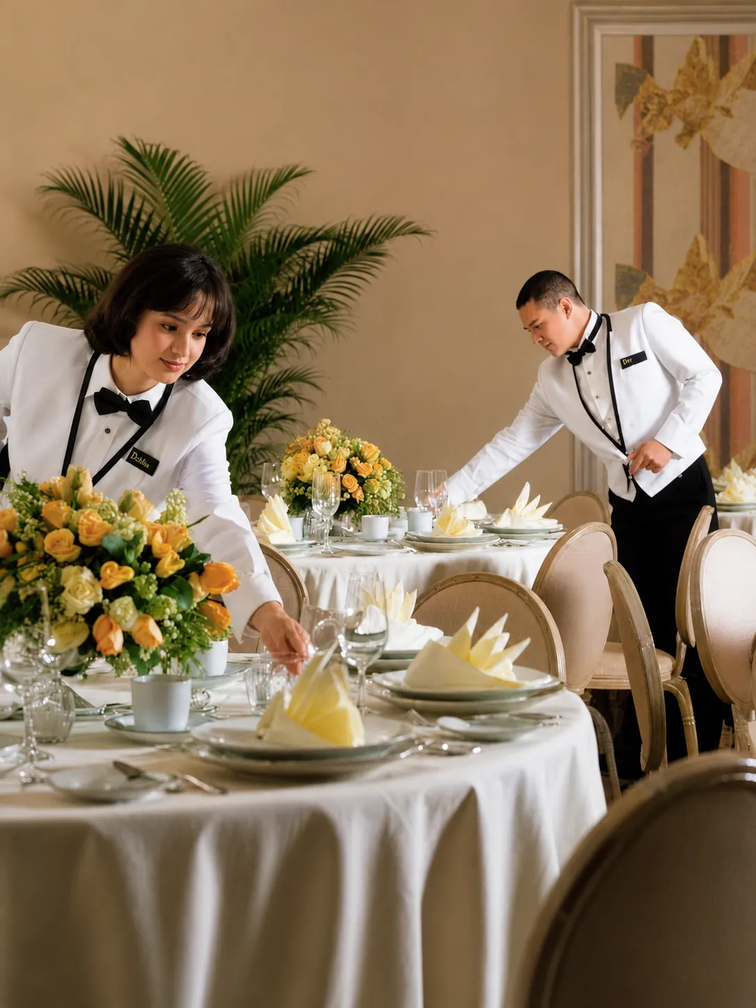 Two banquet servers in white jackets prepare round reception tables with yellow roses, folded napkins and glassware.