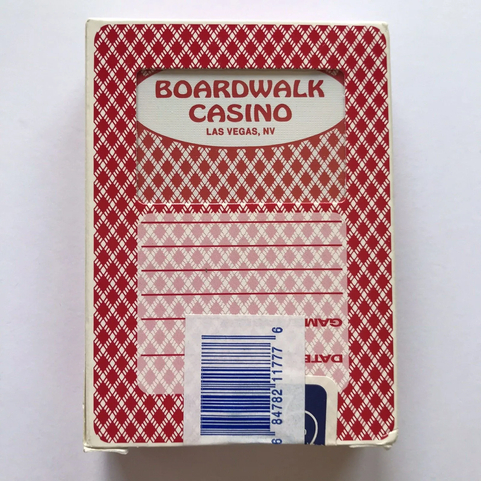 Boxed Boardwalk Casino playing cards in a red diamond-pattern package.