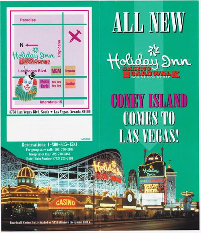 Green brochure cover reading ALL NEW Holiday Inn Casino Boardwalk, CONEY ISLAND COMES TO LAS VEGAS!, with a map placing a clown face at 3750 Las Vegas Blvd South and a night photo of the lit carnival facade and roller coaster.