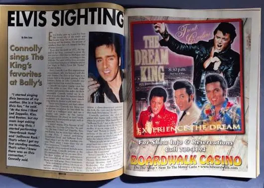 Open magazine spread with an Elvis Sighting feature on the left and a Boardwalk Dream King advertisement on the right.