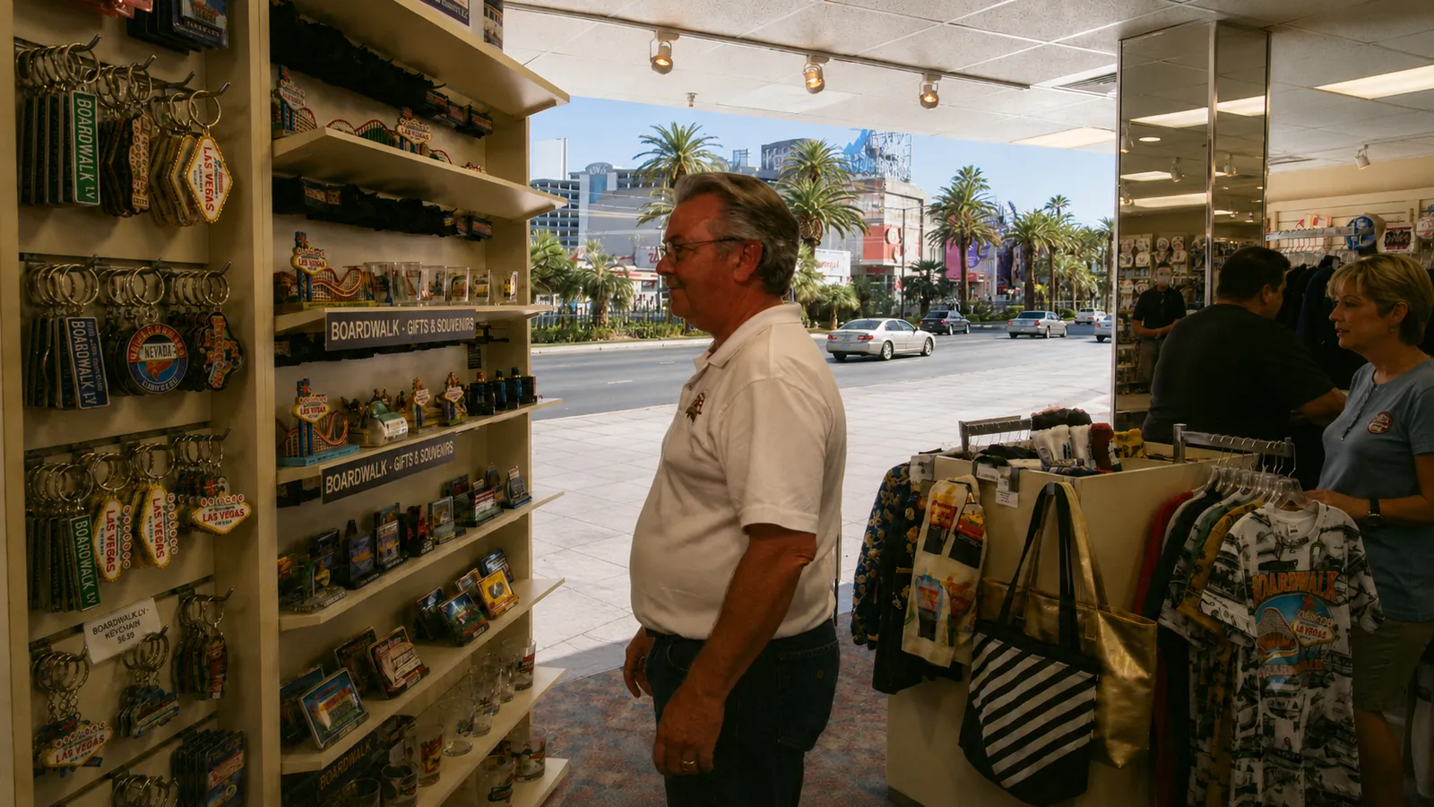 Boardwalk gift shop scene showing souvenirs, T-shirts, travel supplies and visitors, with a broad sidewalk and Las Vegas Boulevard visible through the entrance.