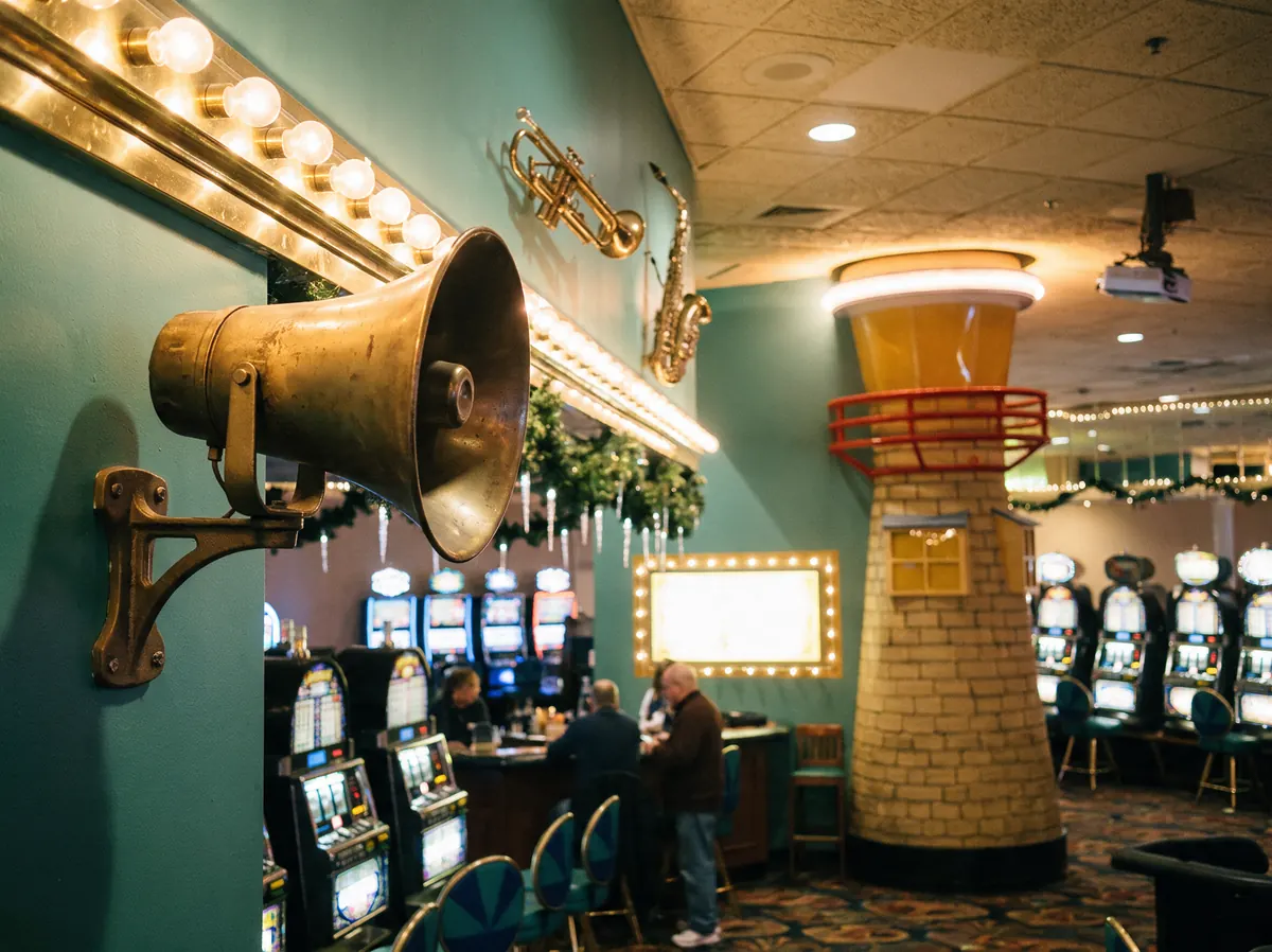 A tarnished brass house horn beneath the bulb rail in the Boardwalk slot bar.