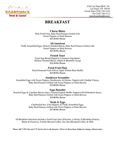 First page of the Boardwalk Hotel and Casino banquet menu kit, headed Breakfast and carrying the Group Sales address and phone numbers.