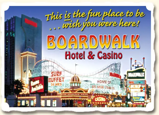 Boardwalk postcard artwork reading This is the fun place to be, wish you were here.