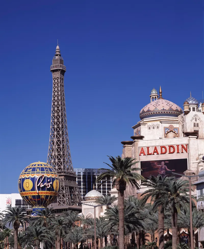 Paris Las Vegas's Eiffel Tower and balloon marquee beside the rebuilt Aladdin.