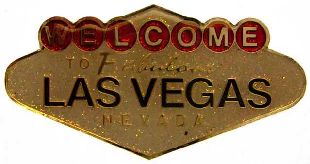 Brass-toned Welcome to Las Vegas Nevada souvenir refrigerator magnet.