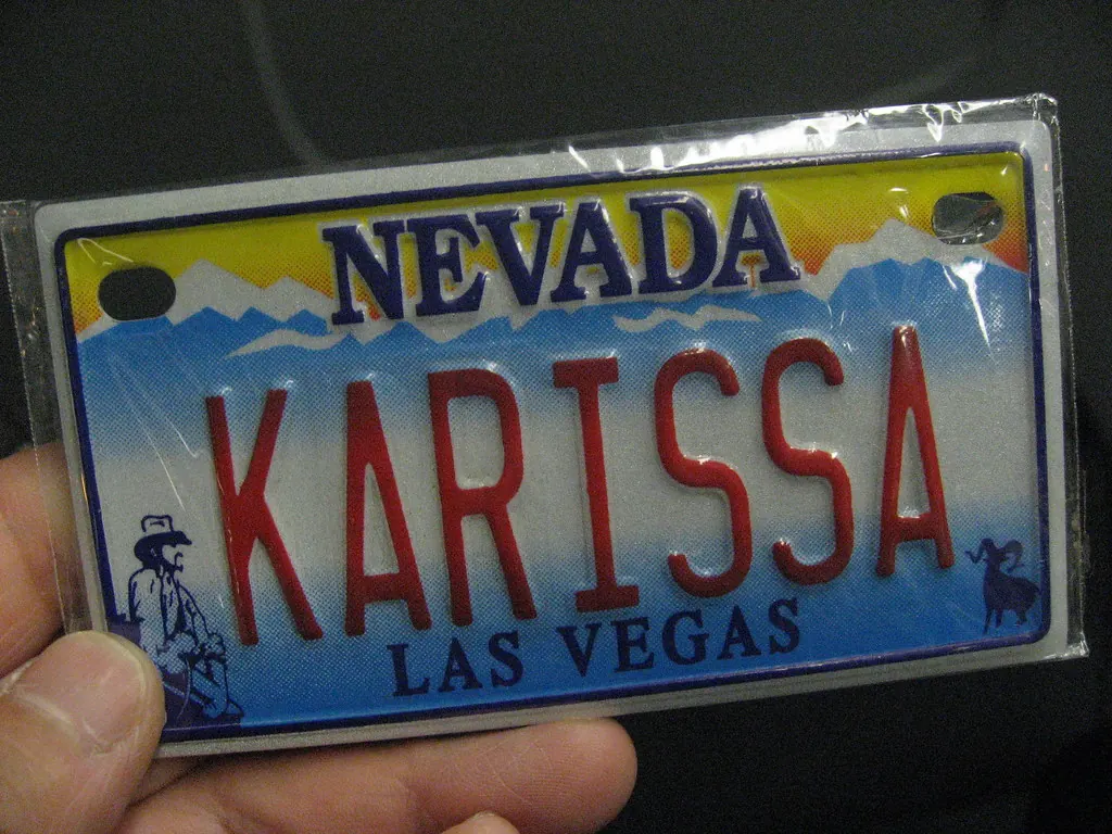 Miniature Nevada souvenir license plate personalized with the name Karissa.