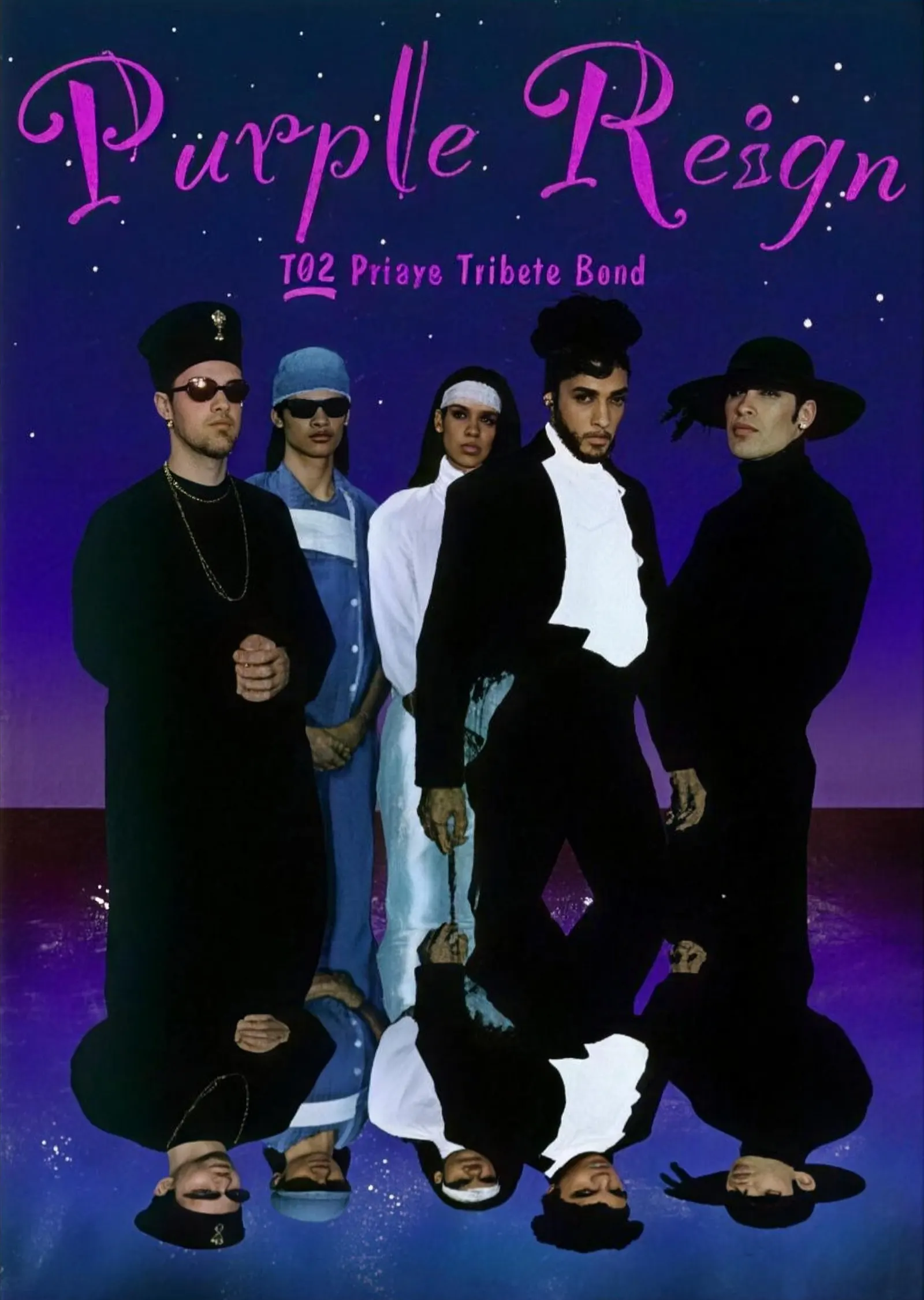 Complete Purple Reign show poster in violet and midnight blue with five performers styled after Prince and his band.