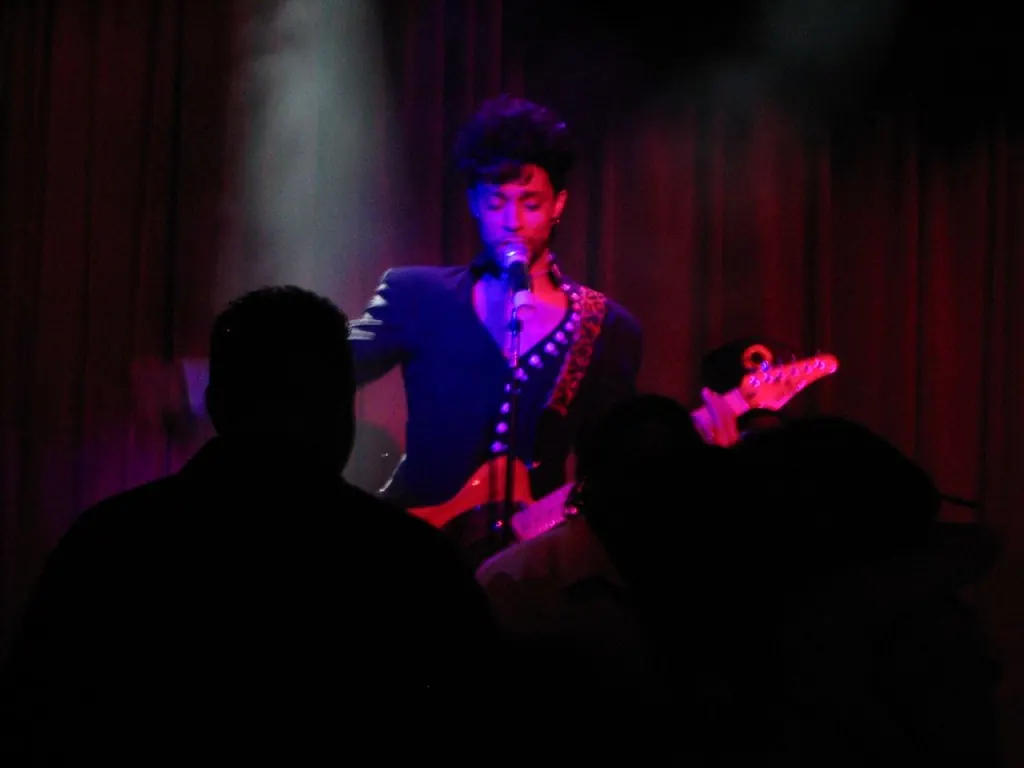 A Prince tribute performer sings at a microphone and plays guitar in the Lighthouse Lounge while the audience fills the foreground.
