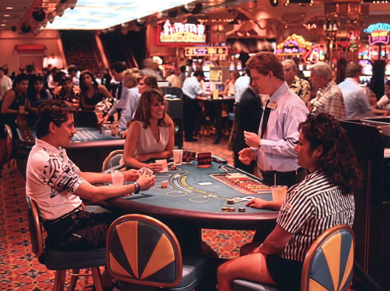 Promotional 1997 view of a Boardwalk blackjack table with a dealer, guests and distinctive gold sunburst chair backs.